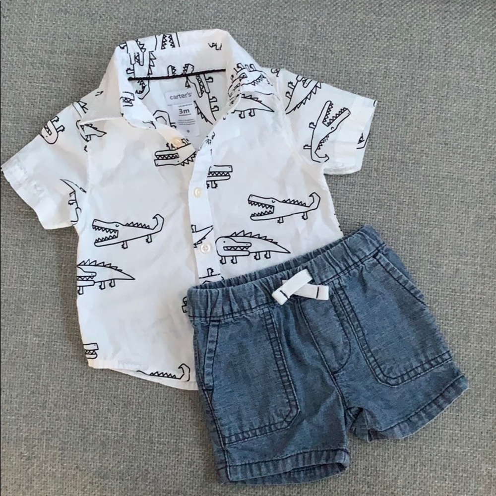 Carter's button down shirt and denim shorts